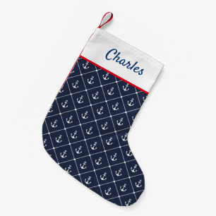 Nautical Navy Blue and White Anchors Patterned Small Christmas Stocking
