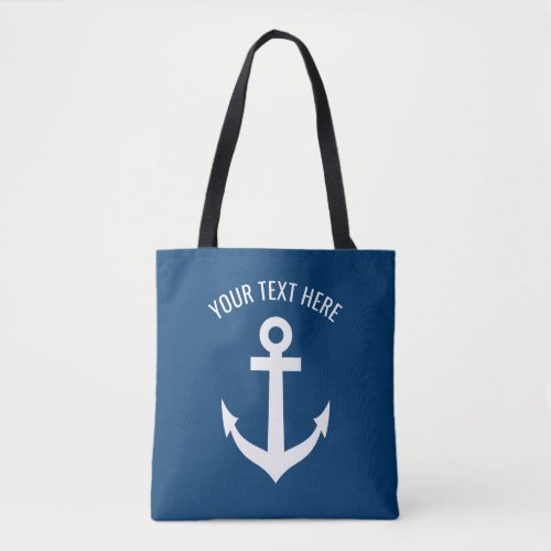 Nautical navy blue and white boat anchor custom tote bag
