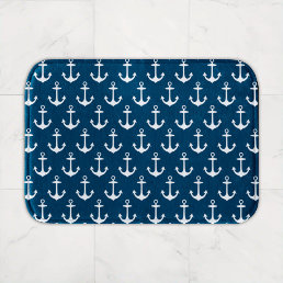 Nautical Navy Blue and White Boat Anchor Pattern Bath Mat