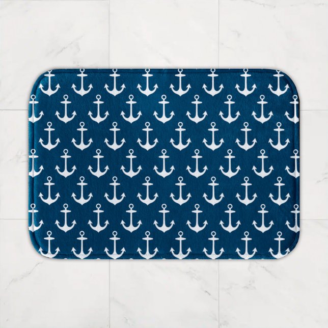 Nautical Navy Blue and White Boat Anchor Pattern Bath Mat (Creator Uploaded)