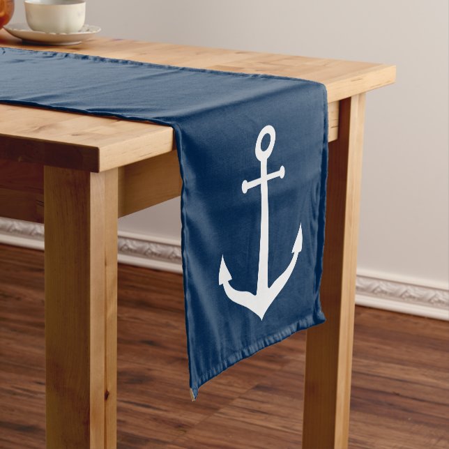 Nautical Navy Blue and White Boat Anchor Short Table Runner (In Situ)