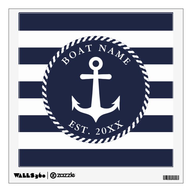 Nautical Navy Blue and White Boat Anchor Stripes Wall Decal (Front)
