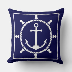 Nautical Navy Blue and White Boat anchor Throw Pillow