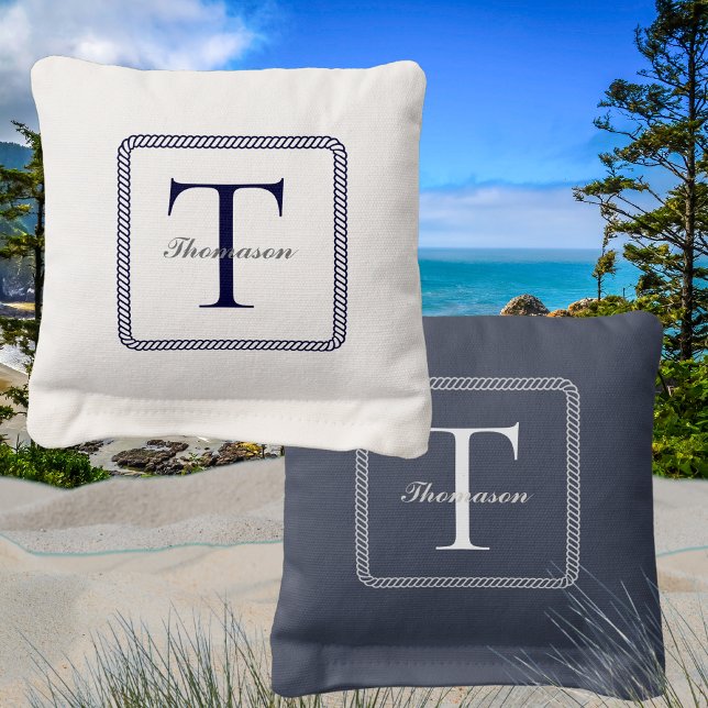Nautical Navy Blue and White Coastal Monogrammed Cornhole Bags (Creator Uploaded)