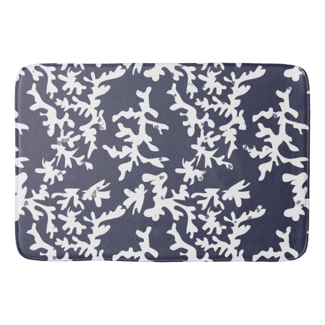 Nautical Navy Blue and White Coral Reef Pattern Bath Mat (Front)