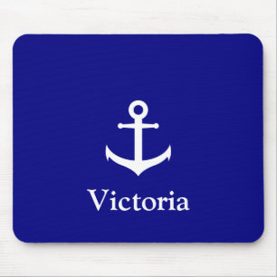 Nautical Navy Blue and White Name Text with Anchor Mouse Pad