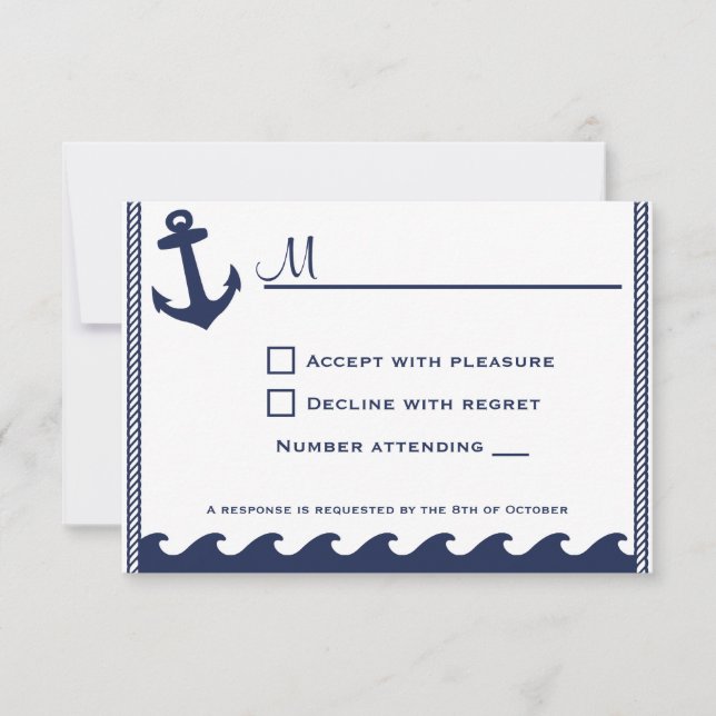 Nautical navy blue and white rsvp invitations (Front)