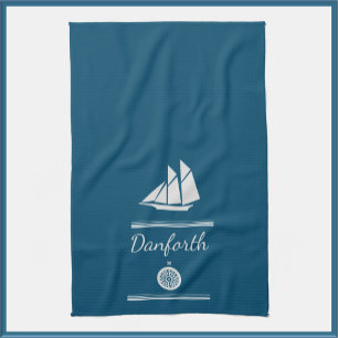 Nautical Navy Blue and White Sailboat Kitchen Towel
