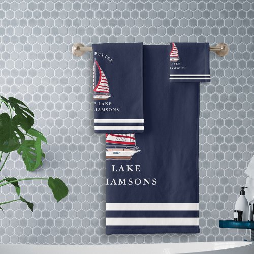 Nautical Navy Blue and White Sailboat Lake Life Bath Towel Set