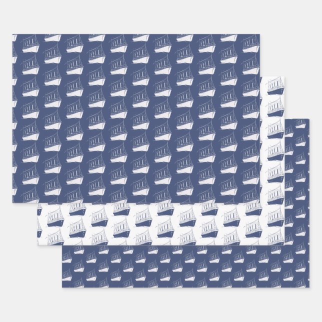 Nautical Navy Blue and White Ship Sailing Boat  Wrapping Paper Sheets (Set)