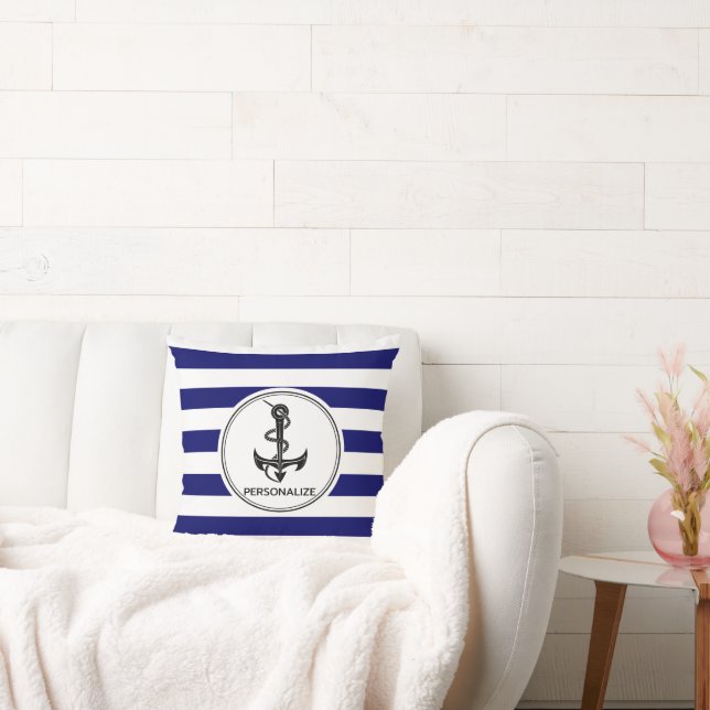 Nautical ⚓ - Navy Blue and White Stripe  Throw Pillow (Couch)