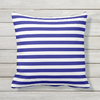 Nautical Navy Blue And White Striped Beach House Outdoor Pillow