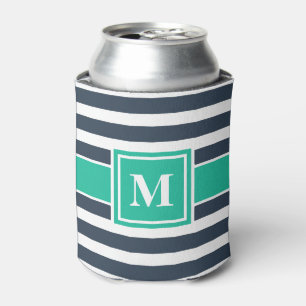 Nautical Navy Blue and White Striped Monogram Can Cooler