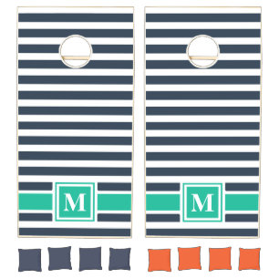 Nautical Navy Blue and White Striped Monogram Cornhole Set