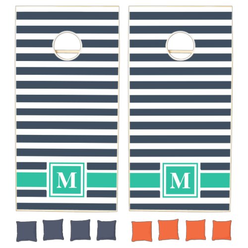 Nautical Navy Blue and White Striped Monogram Cornhole Set