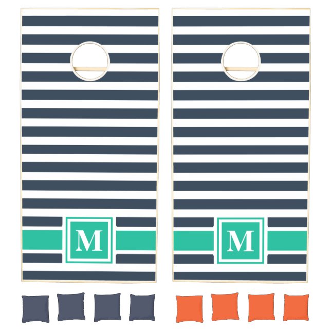 Nautical Navy Blue and White Striped Monogram Cornhole Set (Set)