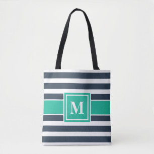 Nautical Navy Blue and White Striped Monogram Tote Bag
