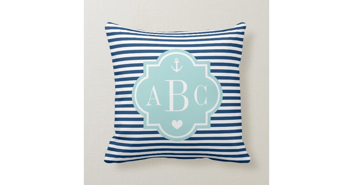 Nautical navy blue and white striped throw pillow