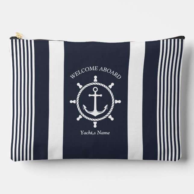 Nautical Navy blue and white striped with Anchor Accessory Pouch (Front)