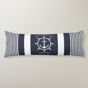 Nautical Navy blue and white striped with Anchor Body Pillow