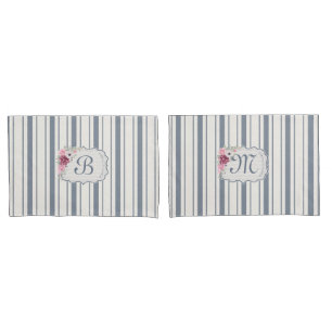 Nautical Navy blue and white striped with Anchor P Pillow Case