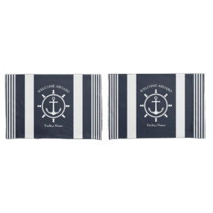 Nautical Navy blue and white striped with Anchor Pillow Case