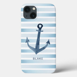 Nautical Navy Blue and White Stripes Anchor iPhone 13 Case