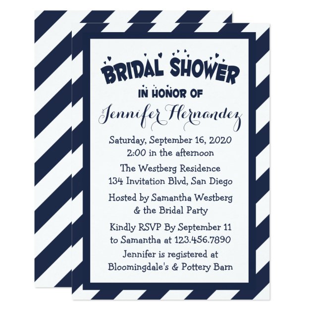 Nautical Navy Blue And White Stripes Bridal Shower Invitation