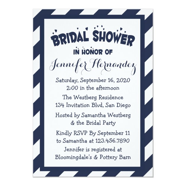 Nautical Navy Blue And White Stripes Bridal Shower Invitation