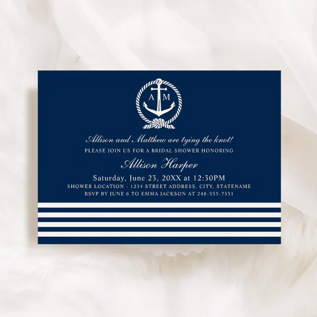 Nautical Navy Blue and White Stripes Bridal Shower Invitation | Zazzle