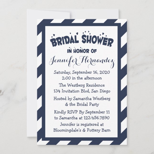 Nautical Navy Blue And White Stripes Bridal Shower Invitation (Front)