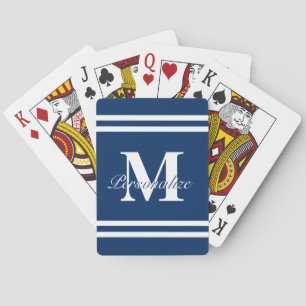 Nautical navy blue and white stripes monogrammed poker cards