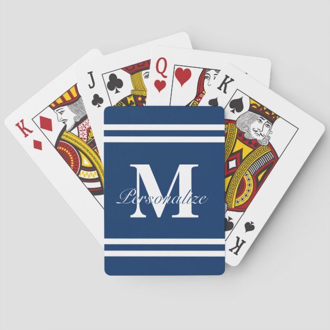 Nautical navy blue and white stripes monogrammed poker cards (Back)