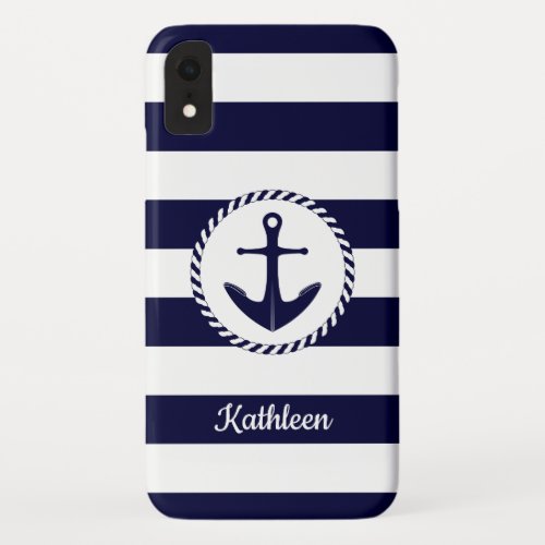 Nautical Navy Blue And White Stripes with Anchor iPhone XR Case