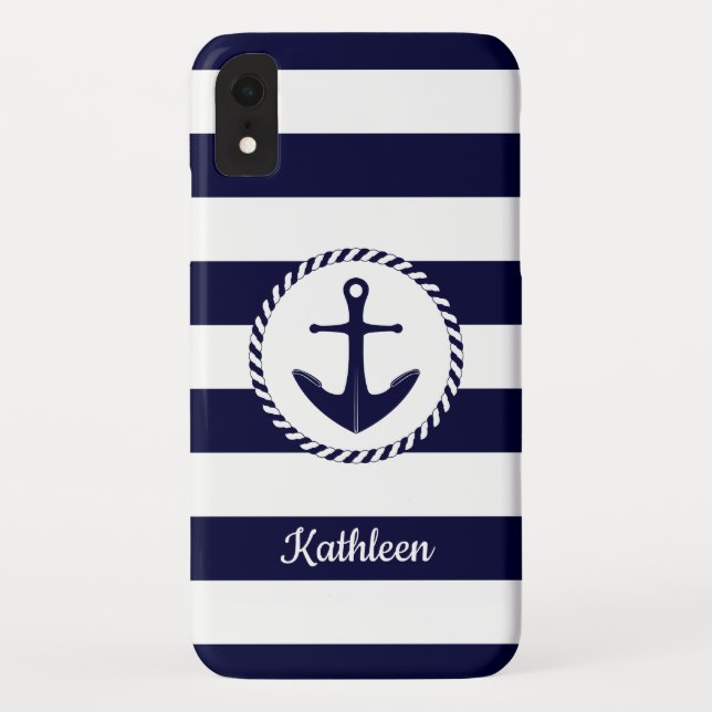Nautical Navy Blue And White Stripes with Anchor Case-Mate iPhone Case (Back)