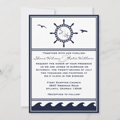 Nautical navy blue and white wedding invitations