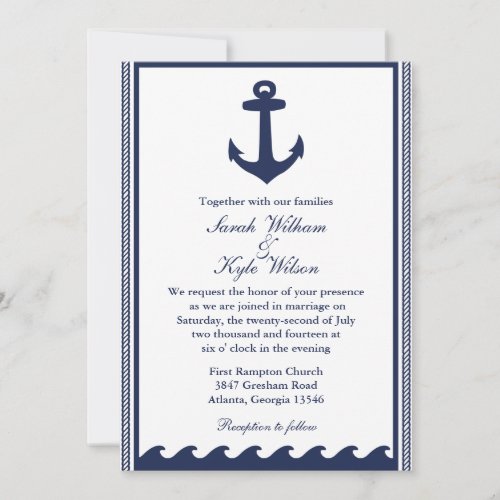 Nautical navy blue and white wedding invitations