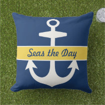 Nautical Navy Blue and Yellow Custom Boat Name Throw Pillow