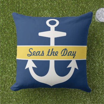 Nautical Navy Blue And Yellow Custom Boat Name Throw Pillow by plushpillows at Zazzle