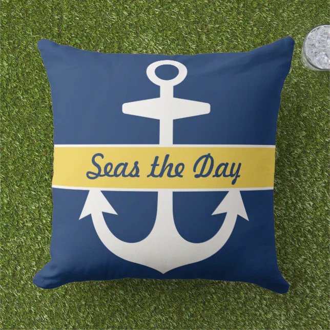 Nautical Navy Blue and Yellow Custom Boat Name Throw Pillow Zazzle
