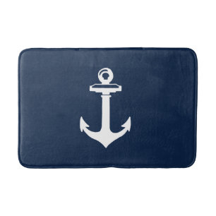 Nautical Navy Blue Bath Mat with White Anchor