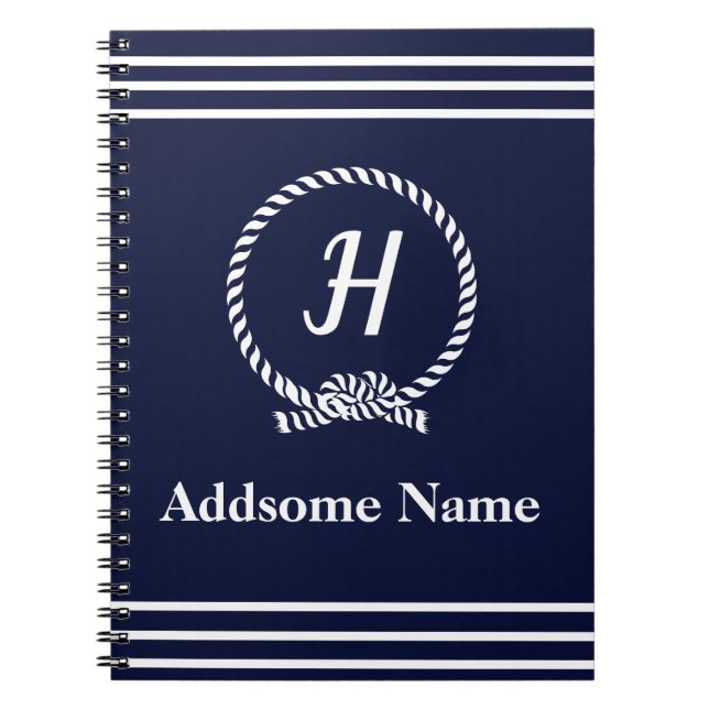 Nautical Navy Blue Beach coastal Monogrammed Notebook (Front)