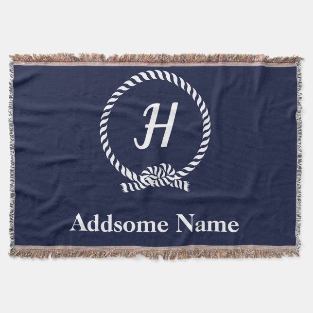 Nautical Navy Blue Beach coastal Monogrammed Throw Blanket (Front)