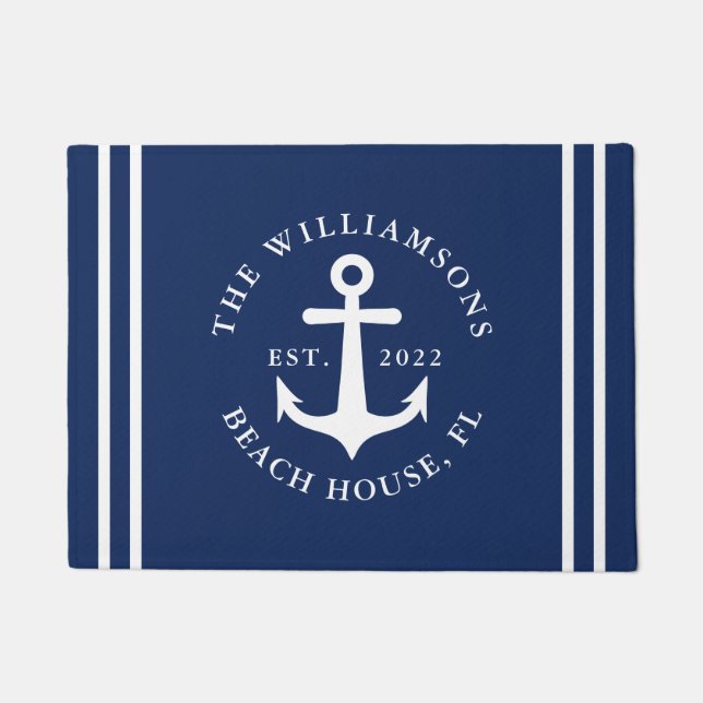 Nautical Navy Blue Beach House Family Name Anchor Doormat (Front)