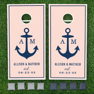 Nautical Navy Blue Blush Anchor Wedding Monogram Cornhole Set