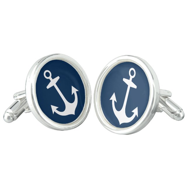 Nautical Navy Blue Boat Anchor Wedding Cufflinks (Angled)