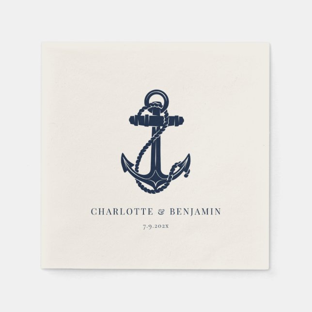 Nautical Navy Blue Boat Anchor Wedding Paper Napkins (Front)