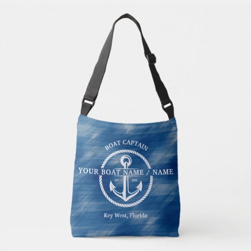 Nautical Navy Blue Boat Captain Name Anchor Crossbody Bag