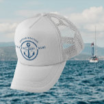 Nautical Navy Blue Boat Captain Name Anchor Trucker Hat<br><div class="desc">Nautical Navy Blue White Pattern Boat Captain Name Anchor and Rope Design. Beautiful navy blue nautical circular rope border,  anchor and custom text. Personalize with your name,  boat name or text. Unique and original design by Golden Bloom Home.</div>