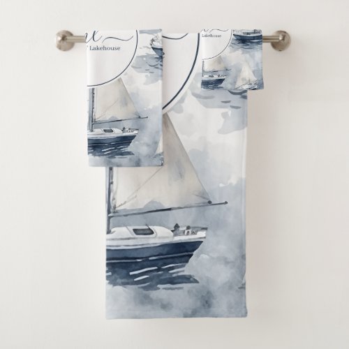 Nautical navy blue boat monogram bath towel set